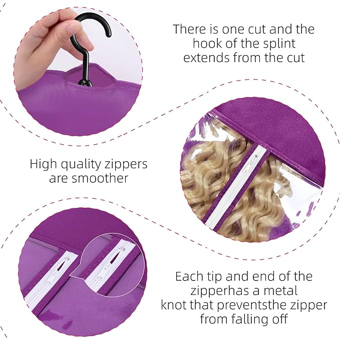 3PCS Wig Bags Storage with Hanger Wig Holder Wig Hanger for Multiple Wigs Portable Hair Extension Holder Dust-proof Hair Extension Storage Wigs Stand Hair Extensions, wigs & accessories (Purple)