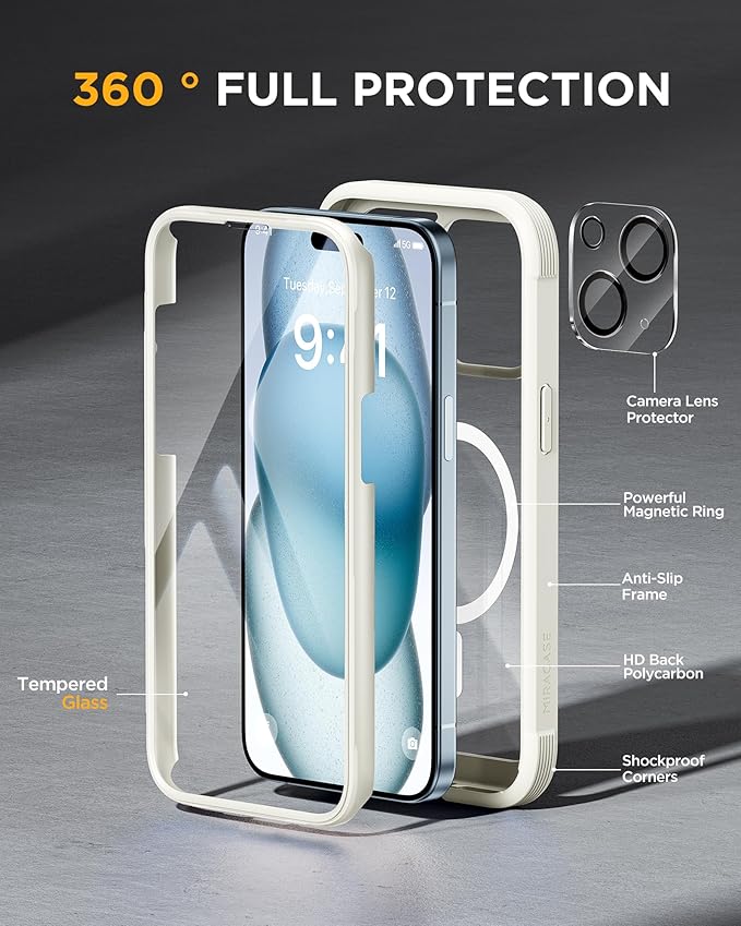 Miracase Glass Series for iPhone 15 Case [Compatible with MagSafe] Full-Body Magnetic Bumper Case with Built-in 9H Tempered Glass Anti-Fingerprint Screen Protector + Camera Lens Protector, White
