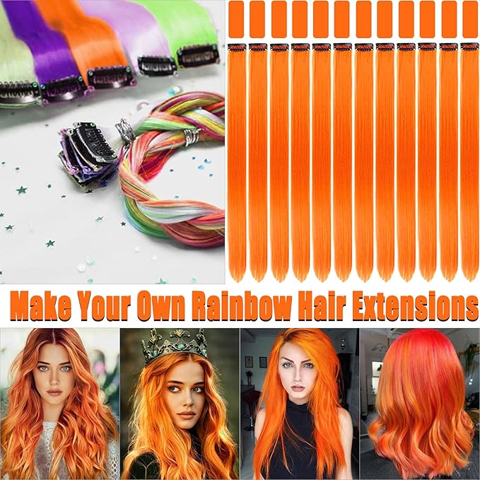 12 PCS Orange Hair Extensions Clip in, 22 Inch Colored Party Synthetic Neon Highlights Extensions, Rainbow Hair Accessories for Girls Women Kids Hair Pieces (Orange)