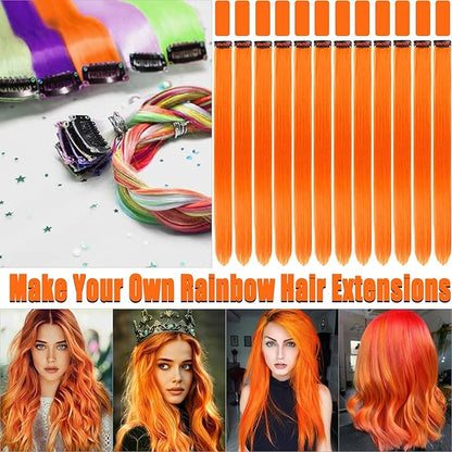 12 PCS Orange Hair Extensions Clip in, 22 Inch Colored Party Synthetic Neon Highlights Extensions, Rainbow Hair Accessories for Girls Women Kids Hair Pieces (Orange)