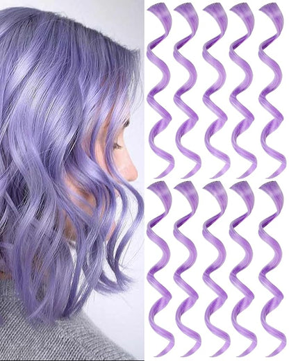 10 PCS Light Purple Hair Extensions Clip-In, Curly Wavy Synthetic Hairpieces Clip in Rainbow Neon Party Highlights, Colorful Hair Accessories for Kids Girls Women 17 inch (Light Purple)