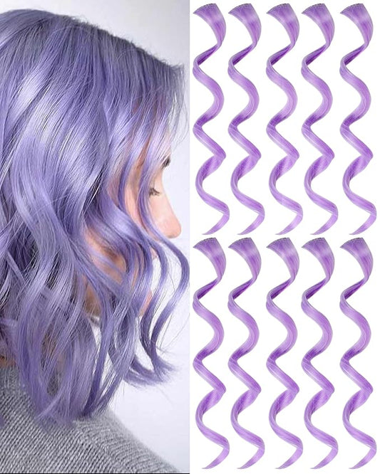 10 PCS Light Purple Hair Extensions Clip-In, Curly Wavy Synthetic Hairpieces Clip in Rainbow Neon Party Highlights, Colorful Hair Accessories for Kids Girls Women 17 inch (Light Purple)