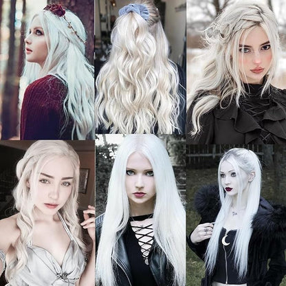12 PCS White Hair Extensions Clip in, Colored Party Highlights Extension for Kids Girls Synthetic Hairpiece Straight 22 inch