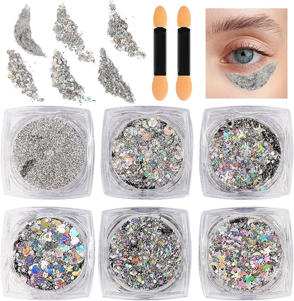 Glitter Body Face Hair Makeup Festival Gel, 6 Shapes Clear Silver Rave Glitter Face Pain Glitter Eyeshadow for Kids Women Girls Singer Concerts Festival Rave Accessories