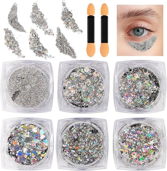 Glitter Body Face Hair Makeup Festival Gel, 6 Shapes Clear Silver Rave Glitter Face Pain Glitter Eyeshadow for Kids Women Girls Singer Concerts Festival Rave Accessories