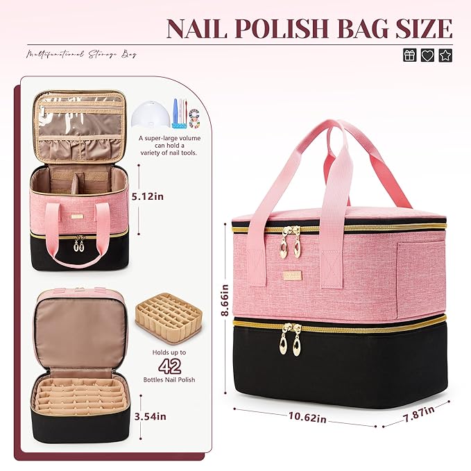 Nail Polish Organizer, Double Layer Nail Organizer and Storage Box Holds 42 Bottles & Nail Tech Kit Supplies, Large Capacity Nail Polish Organizer Case Carrying Bag