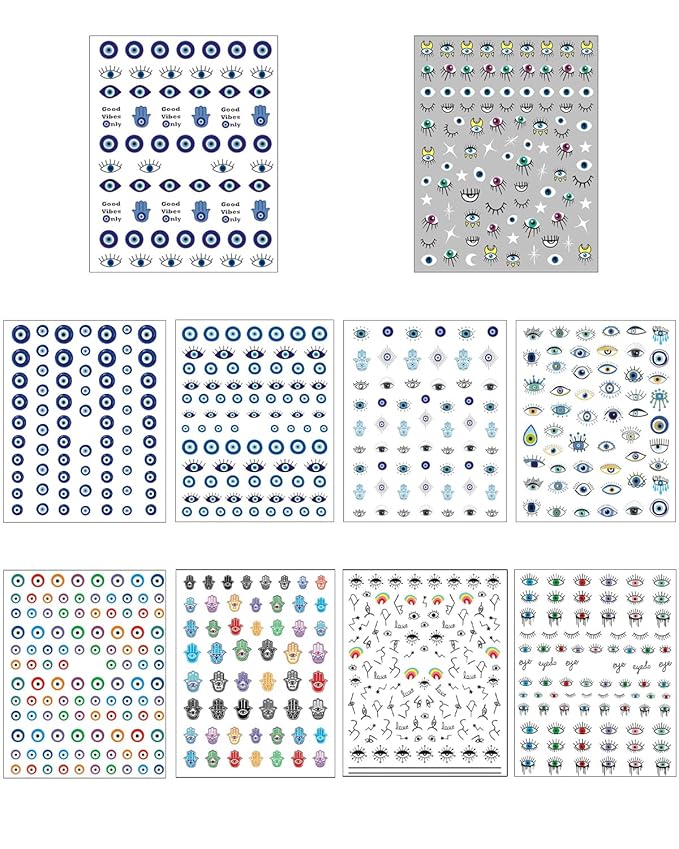 14 Sheets Evil Eye Nail Stickers, 3D Turkish Blue Eye Design Nail Art Decals, Self Adhesive Hamsa Hand of Fatima Manicure Decorations