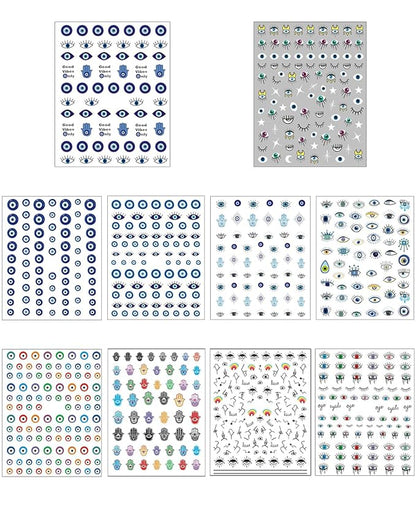 14 Sheets Evil Eye Nail Stickers, 3D Turkish Blue Eye Design Nail Art Decals, Self Adhesive Hamsa Hand of Fatima Manicure Decorations