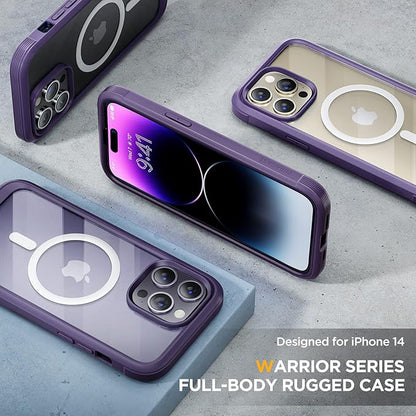 Miracase Magnetic for iPhone 14 Pro Case, [Compatible with MagSafe] [Built-in Tempered Glass Screen Protector] Full-Body Rugged Protective Case with Camera Lens Protector, Magnetic Dark Purple