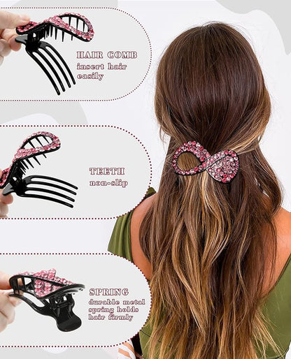 5PCS Rhinestone French Hair Clips for Women Thick Hair No Slip Curved Claw Clips Strong Hold Flat Hair Clip (Curved(Medium,3.54"))