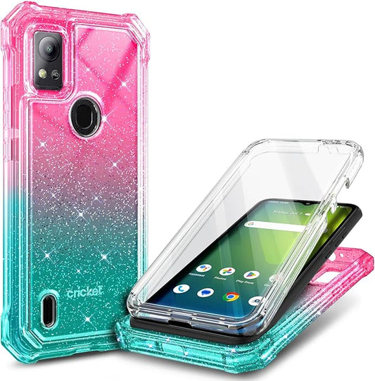 Designed for Cricket Icon 5 Case, AT&T Motivate 4 Phone Case with [Built-in Screen Protector], [5.5FT Mil-Grade Drop Tested] Full-Body Protective Shockproof Bumper Case (Glitter Pink/Aqua)