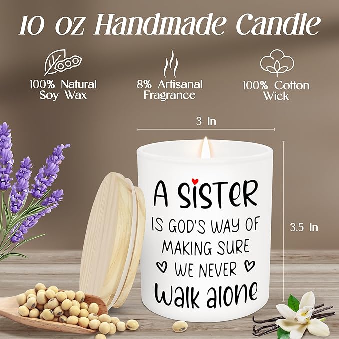 TEEZWONDER Mothers Day Gifts for Sister - A Sister Never Walk Alone Long Lasting Vanilla Lavender Candle 10 oz - Sister Mothers Day Gift Ideas, Christian Birthday Gifts for Women Sisters