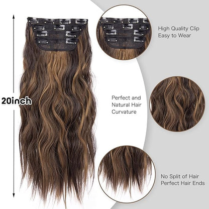 4PCS Clip in Hair Extensions for Women Brown Highlighted Caramel Blonde Long Wavy Thick Hair Extensions Clip in Double Weft Hair Extension for Daliy Use (4pcs, 20Inch, H2/426#)