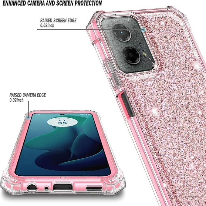 Designed for Motorola Moto G-Power-5G-2024 Case with Tempered Glass Screen Protector, 12FT Military Grade Drop Tested, Full-Body Protective Shockproof Bumper Cover, Glitter Rose Gold
