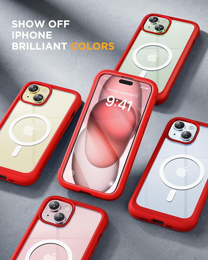 Miracase Glass Series for iPhone 15 Case [Compatible with MagSafe] Full-Body Magnetic Bumper Case with Built-in 9H Tempered Glass Anti-Fingerprint Screen Protector + Camera Lens Protector, Red