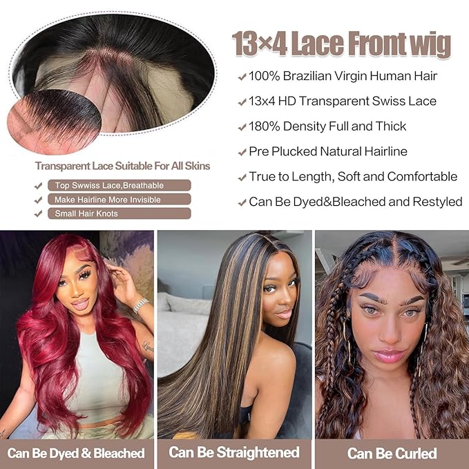 13x4 Body Wave Lace Front Wigs Human Hair 180 Density FB/30 Balayage Ombre Lace Front Wig Human Hair Pre Plucked with Natural Hairline HD Full Frontal for Black Women 18 Inch