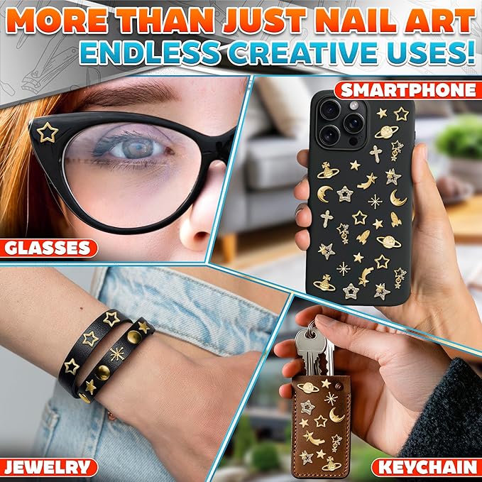 110 Pcs Gold Nail Charms and Gems – Complete Art Kit with Gold Star Nail Charms, Planets, Moon, Crosses & Rocket – Designed for Creating Detailed, Custom Designs with Easy Application