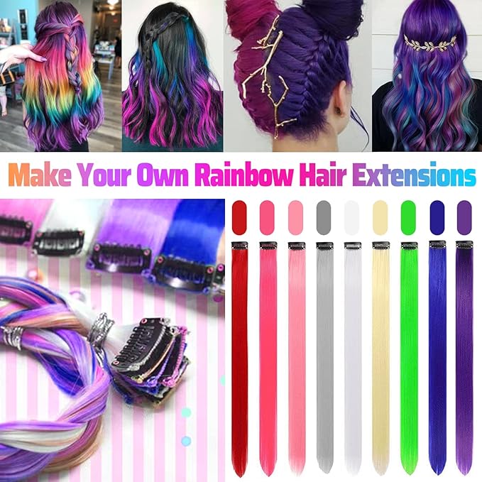 12 PCS Purple Hair Extensions Clip in, Colored Party Highlights Extension for Kids Girls Synthetic Hairpiece Straight 22 inch