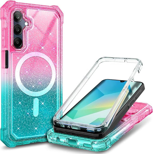 Designed for Samsung Galaxy A36-5G Phone Case, Magnetic Compatible with MagSafe, [Raised Corners Drop Protection] Shockproof Protective Bumper Cover (Glitter Pink/Aqua)