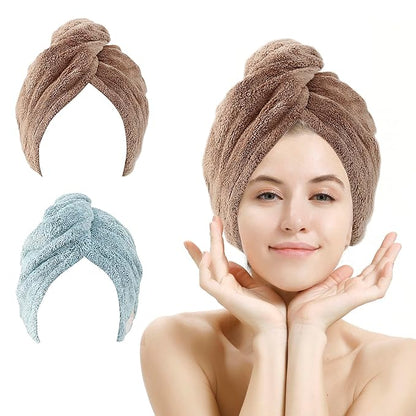 2 Pack Hair Drying Towels, Hair Wrap Towels,Absorbent Microfiber Hair Towel Turban with Button Design to Dry Hair Quickly(Star Green&Camel)