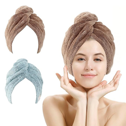 2 Pack Hair Drying Towels, Hair Wrap Towels,Absorbent Microfiber Hair Towel Turban with Button Design to Dry Hair Quickly(Star Green&Camel)