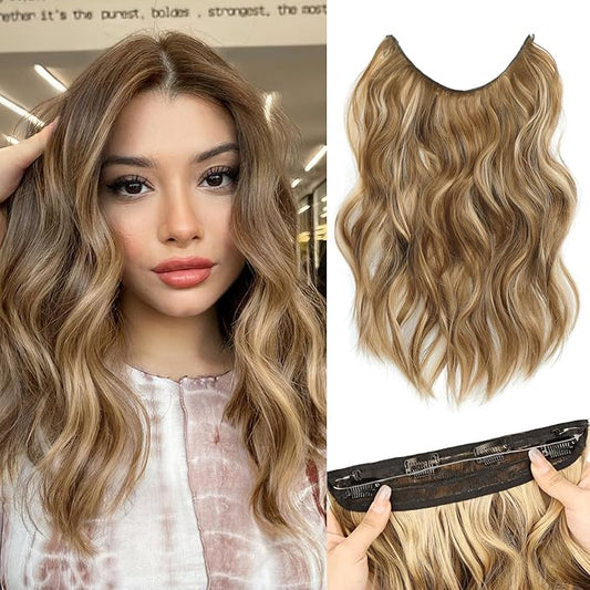 MORICA Invisible Wire Hair Extensions - 14 Inch Brown Mixed Blonde Long Wavy Synthetic Hairpiece with Transparent Wire Adjustable Size, 4 Secure Clips for Women(Brown Mixed Blonde,14Inch)