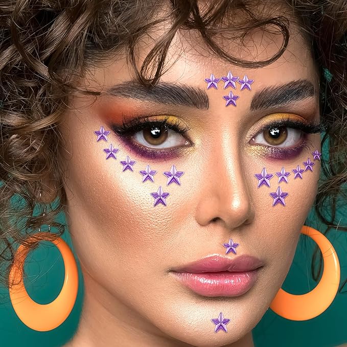 264Pcs Star Face Gems Eye Gems, Self-Adhesive Face Jewels Rhinestones 5/7/10 mm DIY Face Gems Stick on, Patriotic Makeup Gems Rave Accessories for Face Eyes Hair Makeup Body, Crafts (purple-star)