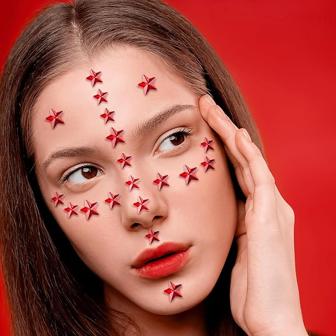 264Pcs Star Face Gems Eye Gems, Self-Adhesive Face Jewels Rhinestones 5/7/10 mm DIY Face Gems Stick on, Patriotic Makeup Gems Rave Accessories for Face Eyes Hair Makeup Body, Crafts (red-Star)