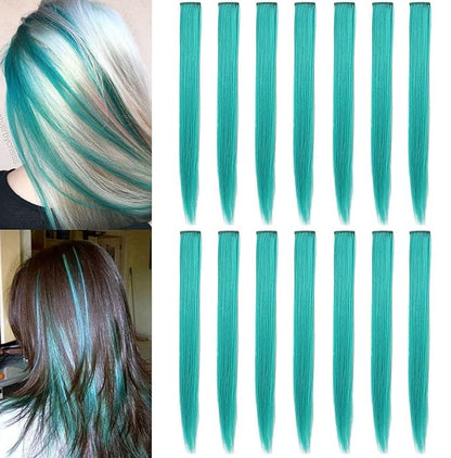 12 PCS Colored Hairpieces, Multi-colors Party Highlights Clip in Hair Heat-Resistant Synthetic Hair Extensions 20 Inch (Teal)