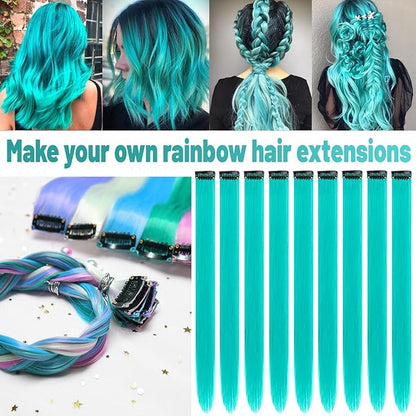 22 inch Colored Hair Extensions Straight Hairpiece, Multi-colors Party Highlights Clip in Synthetic Hair Extensions for Women Kids Girls(10 PCS Teal Blue)