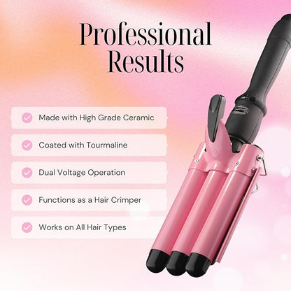 Alure Three Barrel Curling Iron Wand Hair Waver with LCD Temperature Display - 1 Inch Ceramic Tourmaline Triple Barrels, Dual Voltage Crimp