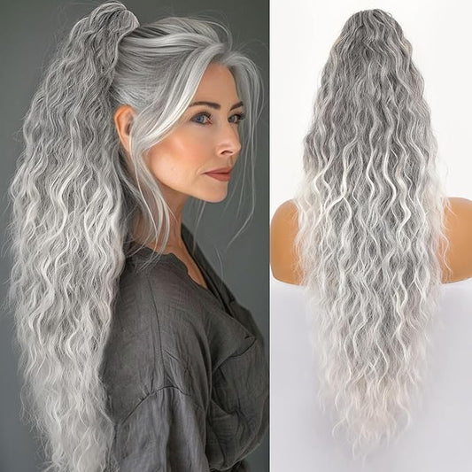 ORSUNCER Ponytail Extension Claw 26" Curly Pony Tail Clip in Claw Hair Extensions Fluffy Natural Looking Synthetic Hairpiece for Women Omber Grey