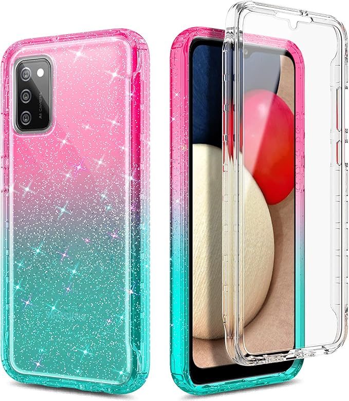 NZND Case for Samsung Galaxy A03S with [Built-in Screen Protector], Full-Body Protective Shockproof Rugged Bumper Cover, Impact Resist Phone Case (Glitter Pink/Aqua)