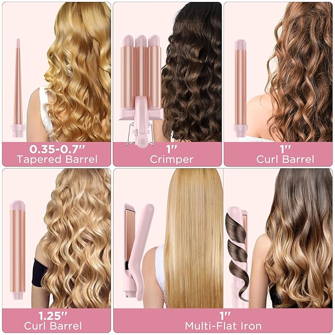 5 in 1 Wand Curling Iron-Curling Wand Set with Hair Straightener, 3 Barrels Hair Crimper Iron, 3 Ceramic Curling Irons (0.35 "-1.25"), 2 Temps Fast Heat Hair Curler Waver with Glove & Clip-Light Pink