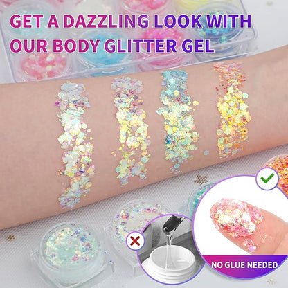 LATIBELL Glow in The Dark Body Face Glitter Gel for Women, 12 Colors Makeup Chunky Fine Glitter, UV Black Light Body/Face/Hair/Eyeshadow, Carnival Party(Not Loose Glitter)