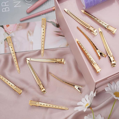 24 Packs Duck Bill Clips, Bantoye 3.35 Inches Rustproof Metal Alligator Curl Clips with Holes for Hair Styling, Hair Coloring, Matte Gold