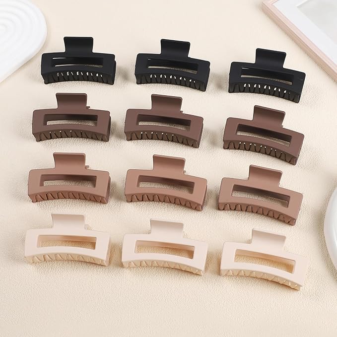 3.5 Inch Medium Hair Claw Clips 12 Pcs Square Claw Clips for Thick and Thin Hair Rectangular Rectangle Hair Clips Jaw Clips Bulk Hair Accessories for women and Girls - Brown