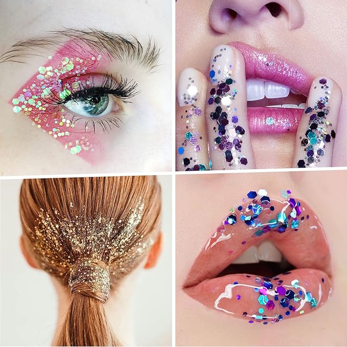 Teenitor Fine Glitters and Holographic Chunky Glitters for Nails, Assorted Glitter Slime, Festival Glitter for Nail Face Hair Body , Glitter for Resin Tumblers, 16+16pcs