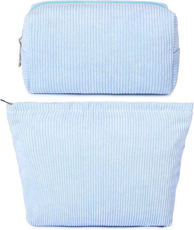2 Pieces Makeup Bag Large Corduroy Cosmetic Bag Capacity Canvas Mix Travel Toiletry Bag Organizer Cute Makeup Brushes Aesthetic Accessories Storage Bag for Women, Corduroy Mix Blue