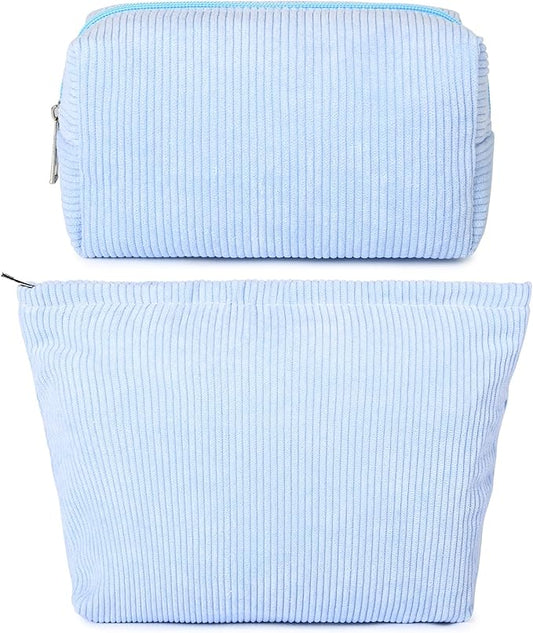 2 Pieces Makeup Bag Large Corduroy Cosmetic Bag Capacity Canvas Mix Travel Toiletry Bag Organizer Cute Makeup Brushes Aesthetic Accessories Storage Bag for Women, Corduroy Mix Blue