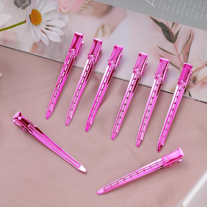 24 Packs Duck Bill Clips, Bantoye 3.35 Inches Rustproof Metal Alligator Curl Clips with Holes for Hair Styling, Hair Coloring, Bright Pink