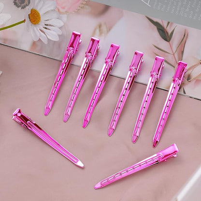 24 Packs Duck Bill Clips, Bantoye 3.35 Inches Rustproof Metal Alligator Curl Clips with Holes for Hair Styling, Hair Coloring, Bright Pink