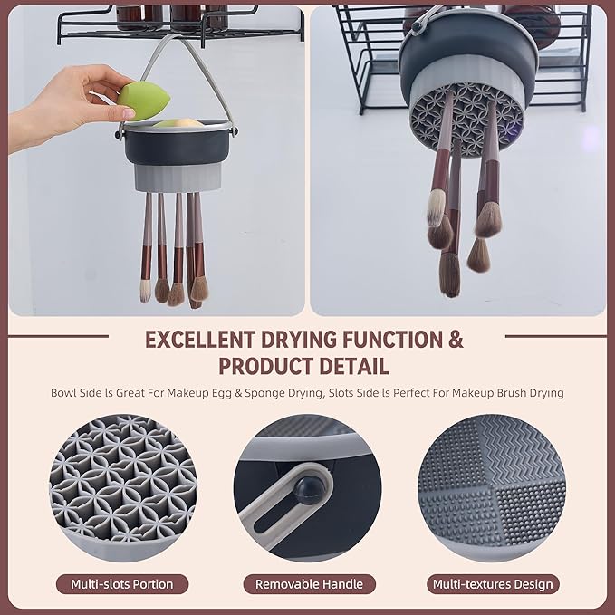 Makeup Brush Cleaner Mat, Black 3 in 1 Silicone Make Up Brushes and Tools Cleaning Bowl, Pad, Drying Rack, Organizer Storage Holder, Cosmetic Brushes Sponge Cleansing (A - GRAY/BLACK)