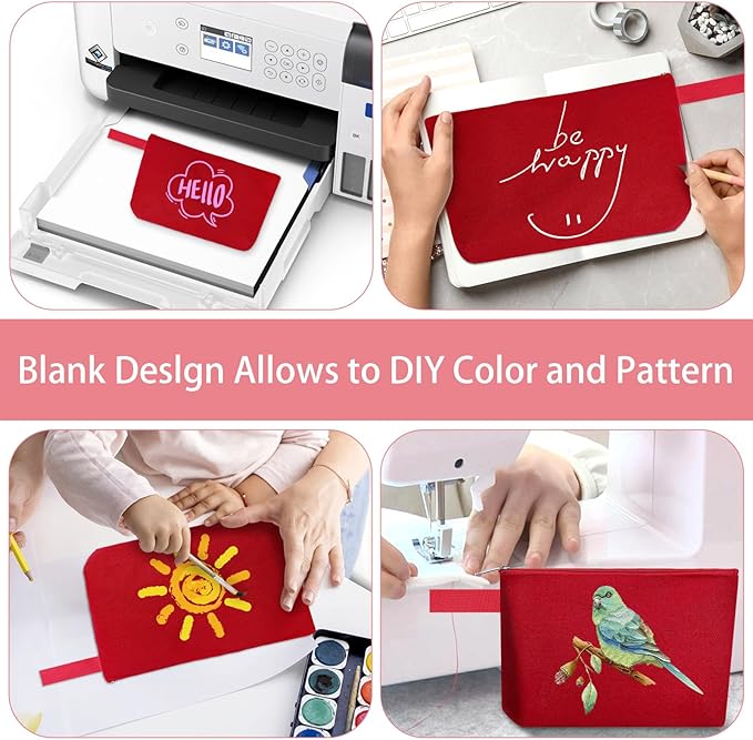 10 Pieces Cotton Canvas Makeup Bag with Bottom and Strap, Multi-Purpose Cosmetic Bag with Zipper Travel Toiletry Pouch, Blank DIY Craft Bag (Red, M)