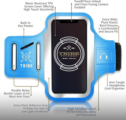 TRIBE Running Phone Holder Armband. iPhone & Galaxy Cell Phone Sports Arm Bands for Women, Men, Runners, Jogging, Walking, Exercise & Gym Workout. Fits All Smartphones. Adjustable Strap, CC/Key Pocket
