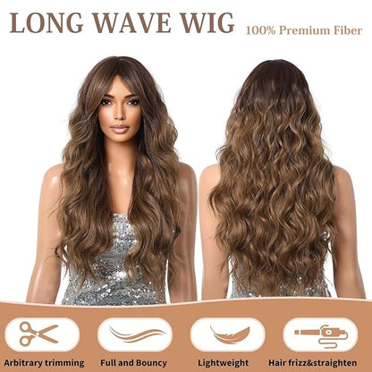 Ombre Brown Wig 26 Inch Long Curly Wigs for Women Synthetic Hair Wavy Wig,Natural Hair Wig With Bang for Daily Party Use