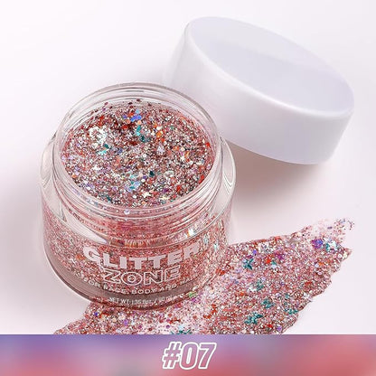 Holographic Body Glitter Gel - Cosmetic-Grade, Halloween Glitter Makeup Glitter for Face, Body, and Hair, Safe and Easy to Use, Perfect for Festivals Parties (07 Pink Stardust)