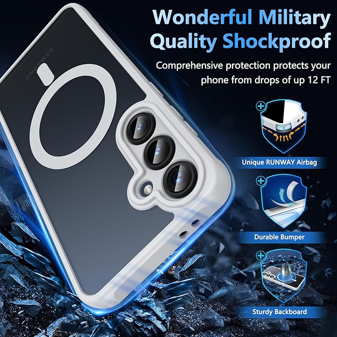 OWKEY for Samsung Galaxy S24 FE Case 6.7'', Magnetic Galaxy S24 FE Case for Magsafe with Tempered Screen Protector [Shockproof Military] Translucent Matte Bumper Phone Cover Samsung S24 FE 5G, Gray