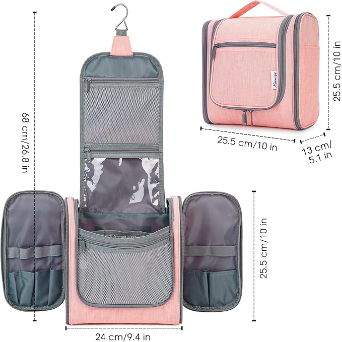 Narwey Hanging Toiletry Bag for Women Travel Makeup Bag Organizer Toiletries Bag for Cosmetics Essentials Accessories(Large, Pink)