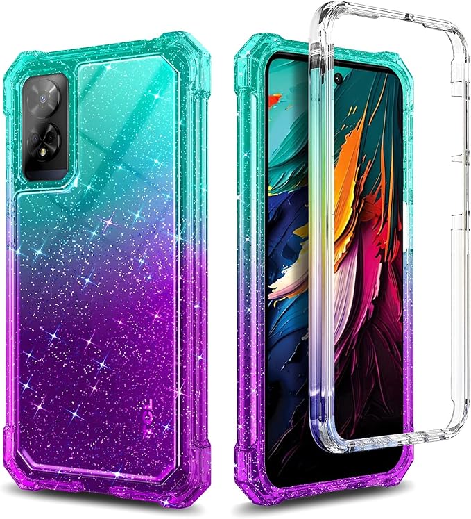 Designed for TCL 50 XE 5G Phone Case, 50 XE NXTPAPER 5G Case with Screen Protector, [Raised Corners Drop Protection] Full-Body Protective Shockproof Rugged Bumper Cover (Glitter Aqua/Purple)